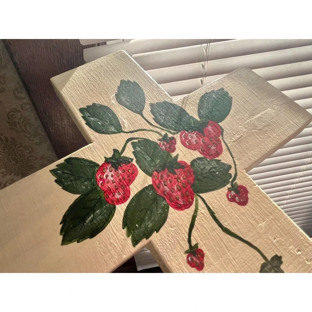 Vintage Retro Folk Art Hand‑Painted Wooden Cross with Strawberries Cottage